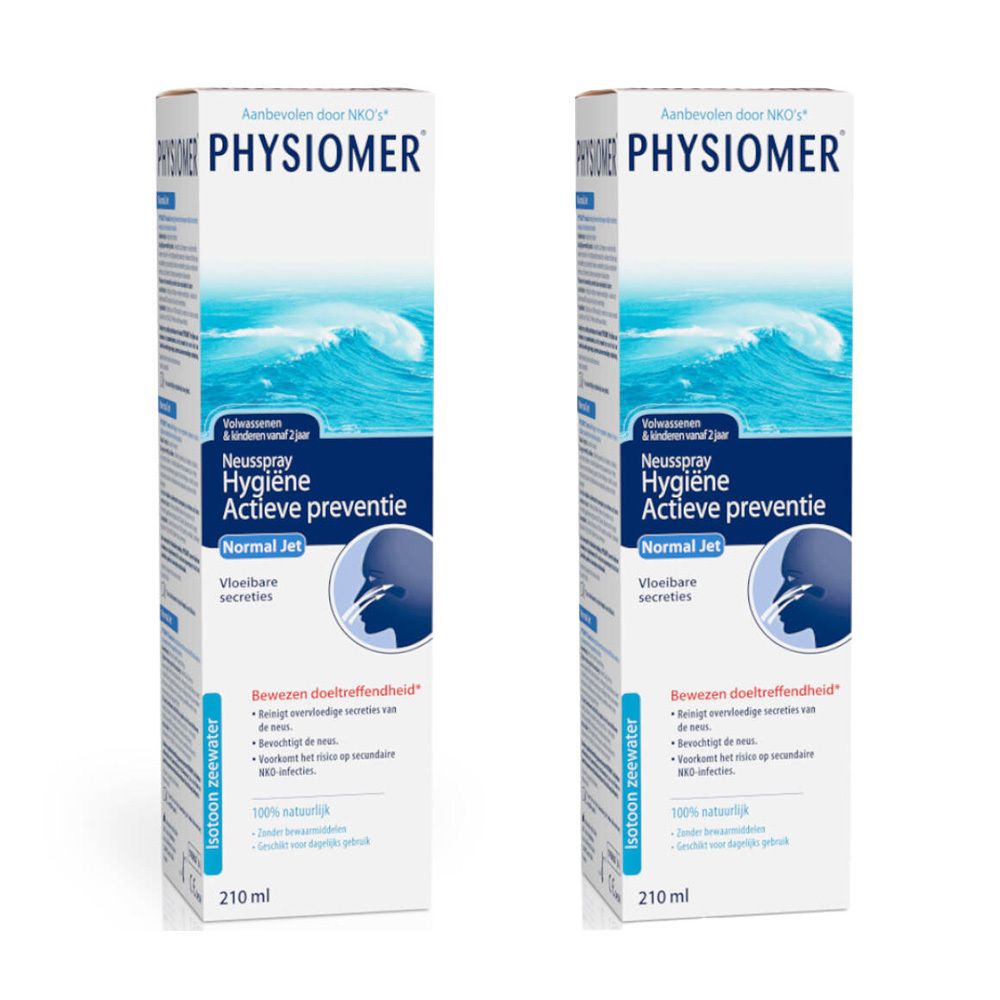 Deux boîtes rectangulaires PHYSIOMER, spray nasal, hygiène, prévention active. Vagues bleues et profil d'un visage.