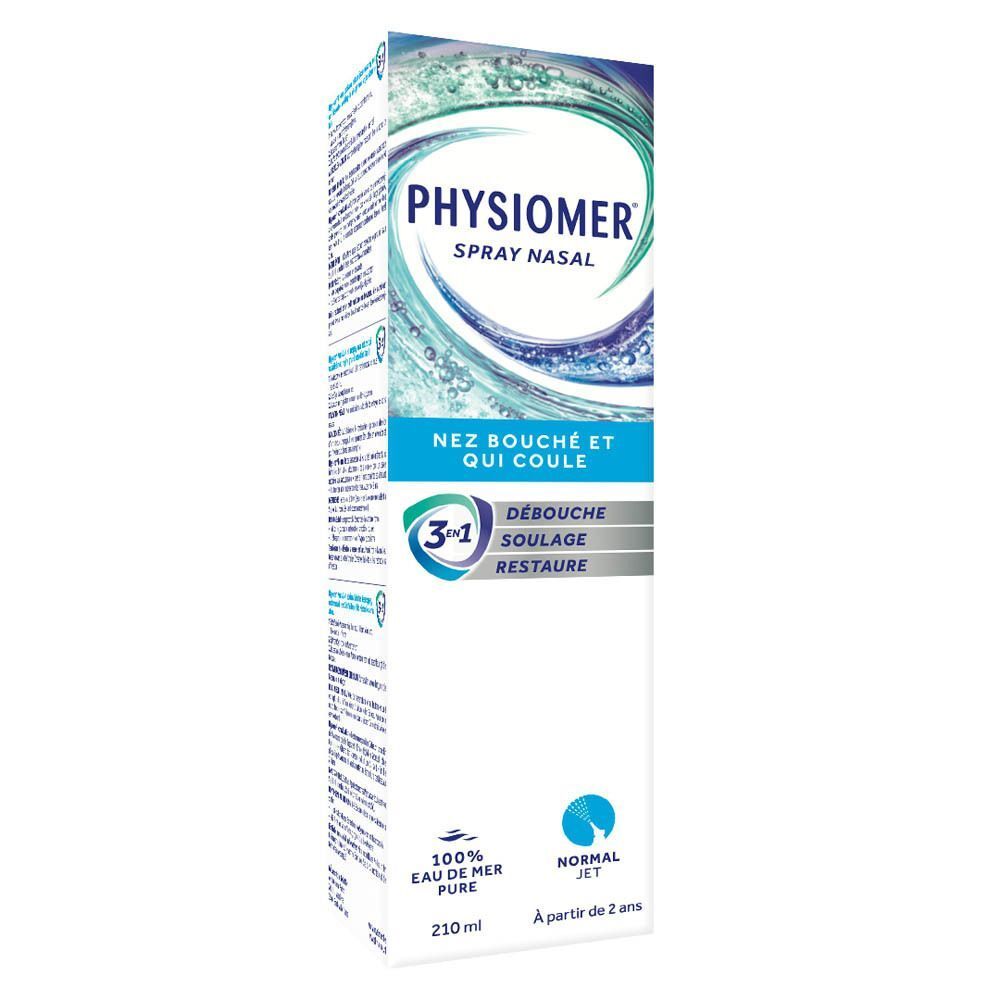 Un flacon de spray nasal Physiomer avec applicateur. Emballage avec motif ondulé, symbole 3-en-1 et informations produit.