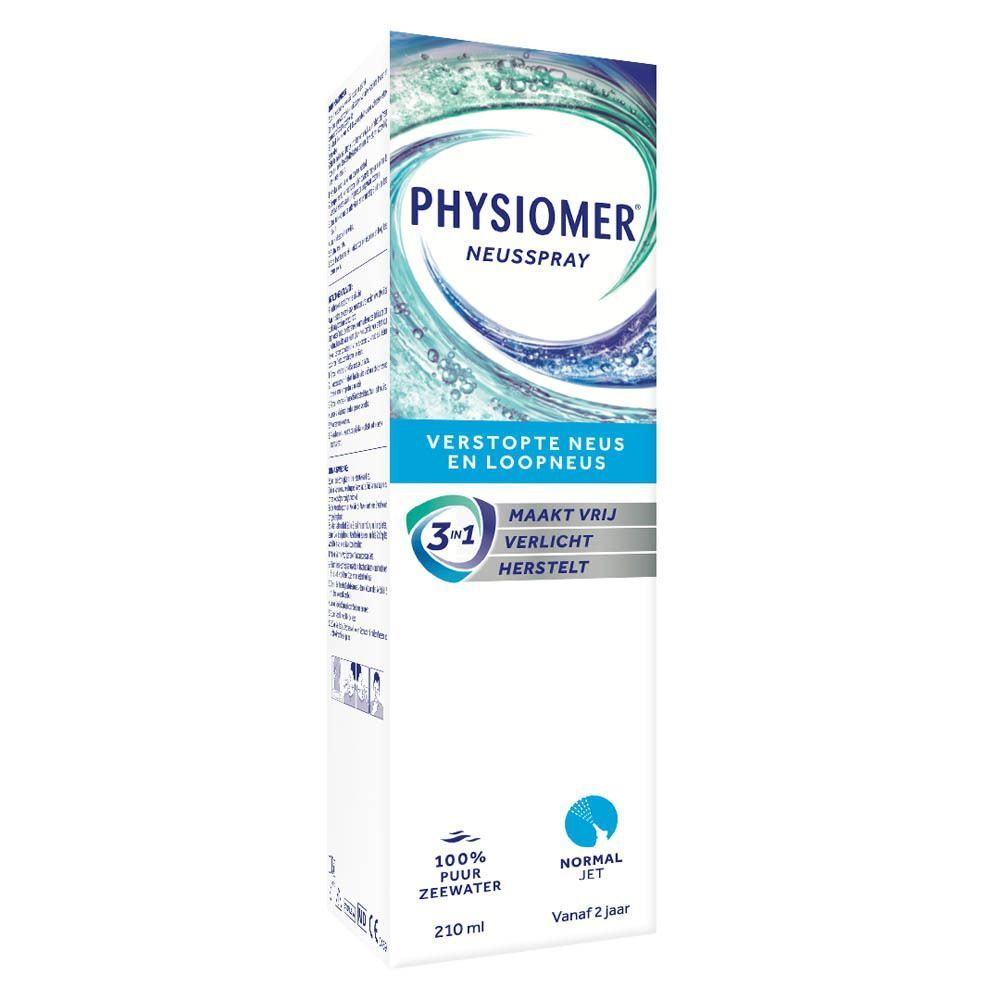 Eén flacon Physiomer neusspray met applicator. Verpakking met golvend patroon, 3-in-1 symbool en productinformatie.