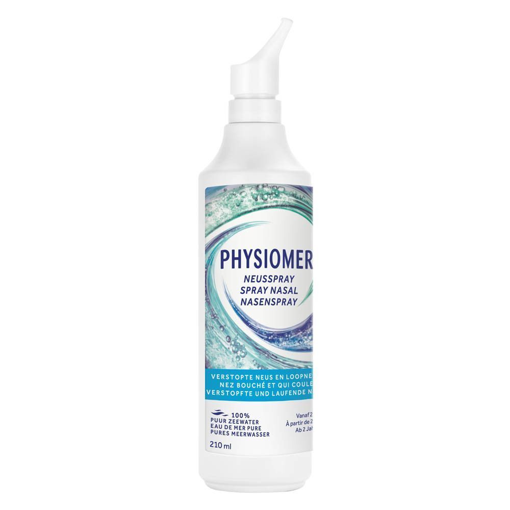 Eén flacon Physiomer neusspray met een witte applicator. Fles toont golvend patroon en productinformatie.