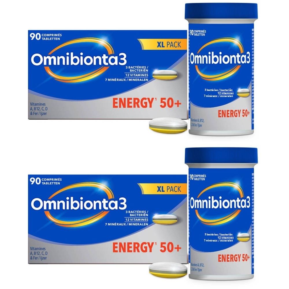 Twee dozen en twee flessen Omnibionta3. Blauwe verpakking met witte tabletten. Bevat bacteriën, vitaminen en mineralen.