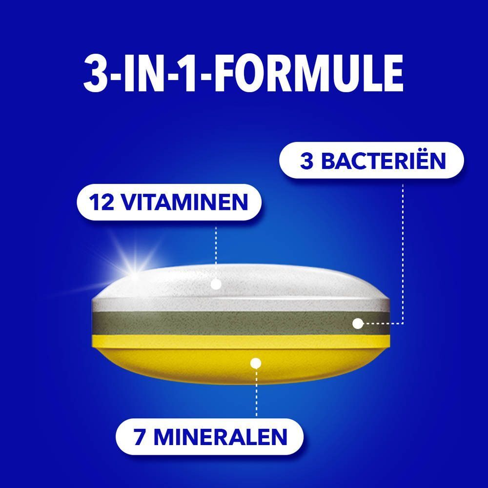 Tablet met 3 lagen. Tekst: 3-IN-1-FORMULE, 12 Vitaminen, 7 mineralen, 3 bacteriën.
