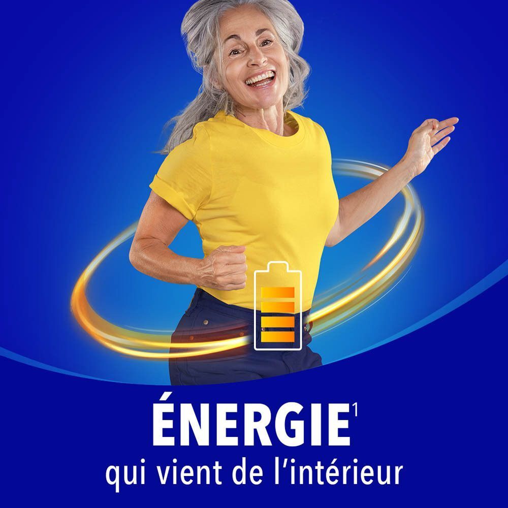 Une femme court et sourit. Haut jaune, fond bleu. Texte : ÉNERGIE qui vient de l'intérieur.
