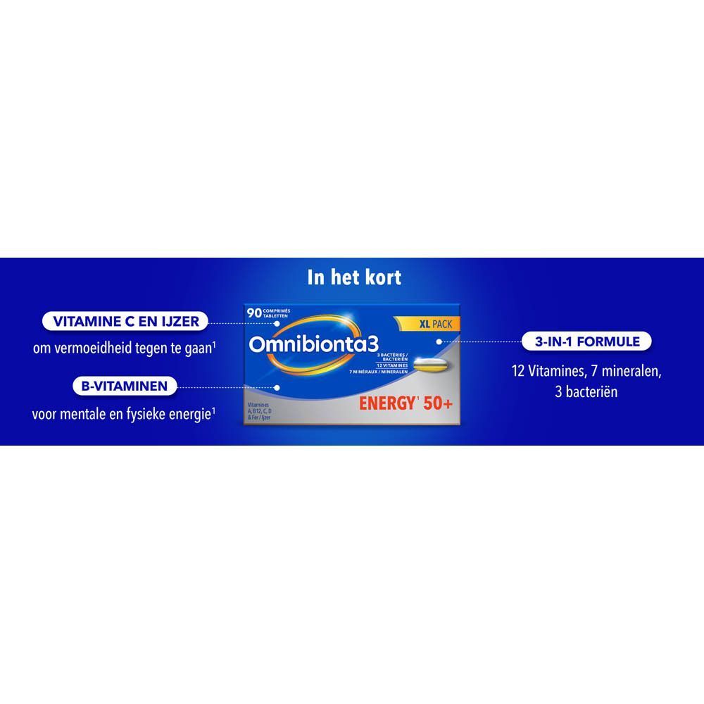 Blauwe achtergrond met tekst en productverpakking. Tekst: Vitamine C en ijzer, B-vitaminen.