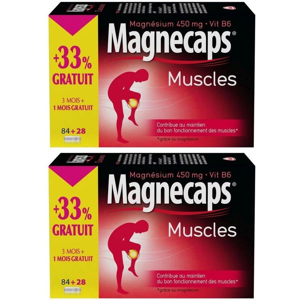 Twee verpakkingen Magnecaps. Opschrift: +33% GRATIS. Bevat magnesium 450 mg en vitamine B6. Illustratie van een persoon met beenpijn.