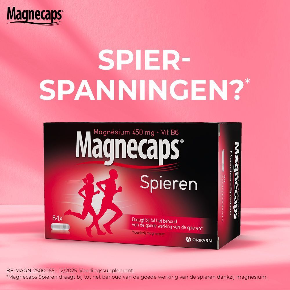 Twee dozen Magnecaps Spieren. Opschrift: 1+1 GRATIS. Bevat 84+28 capsules. Rode en gele verpakking.