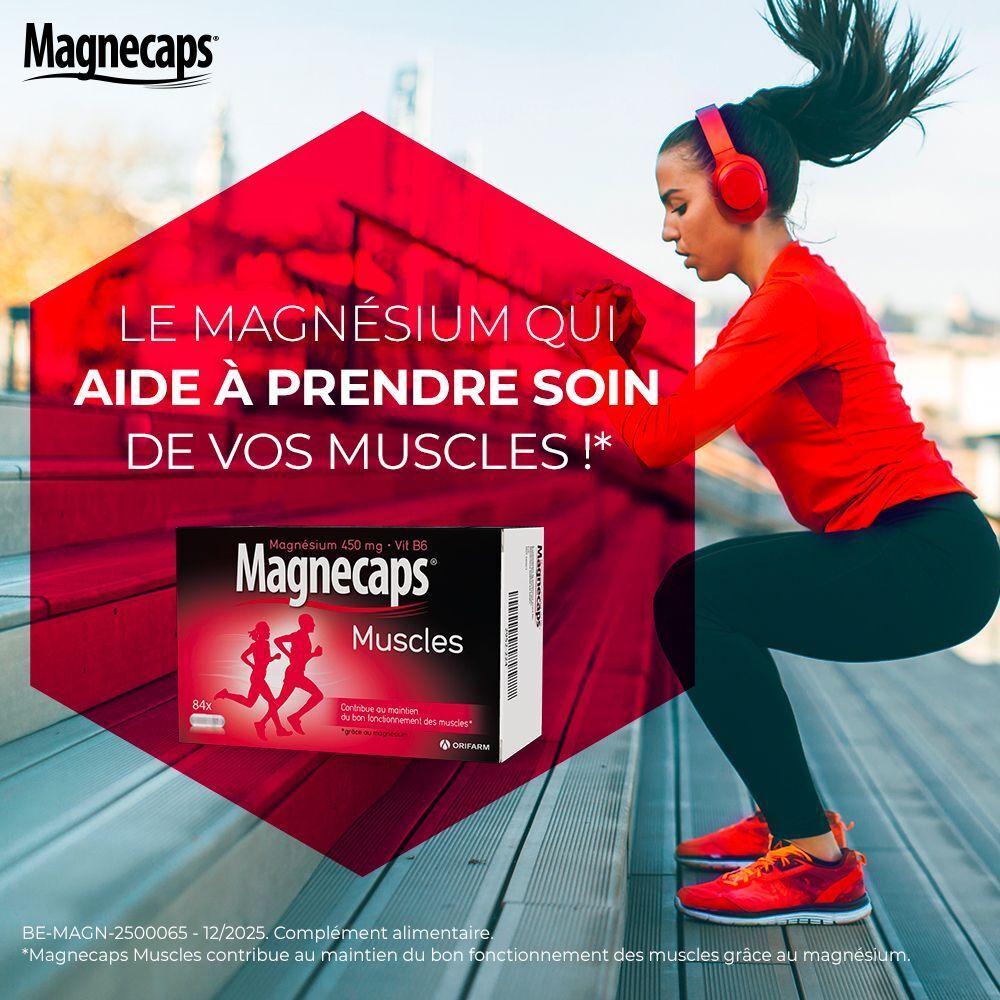 Boîte Magnecaps Muscles. Emballage rouge avec texte : Magnésium 450 mg + Vit B6. 84 gélules. Fond rose.