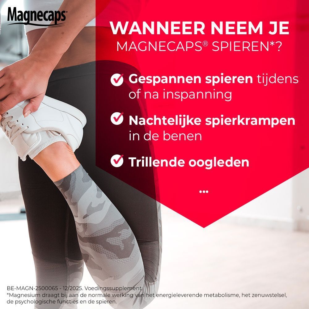 Magnecaps Spieren verpakking. Rode verpakking met tekst: Magnesium 450 mg + Vit B6. 84 capsules. Vrouw aan het sporten.