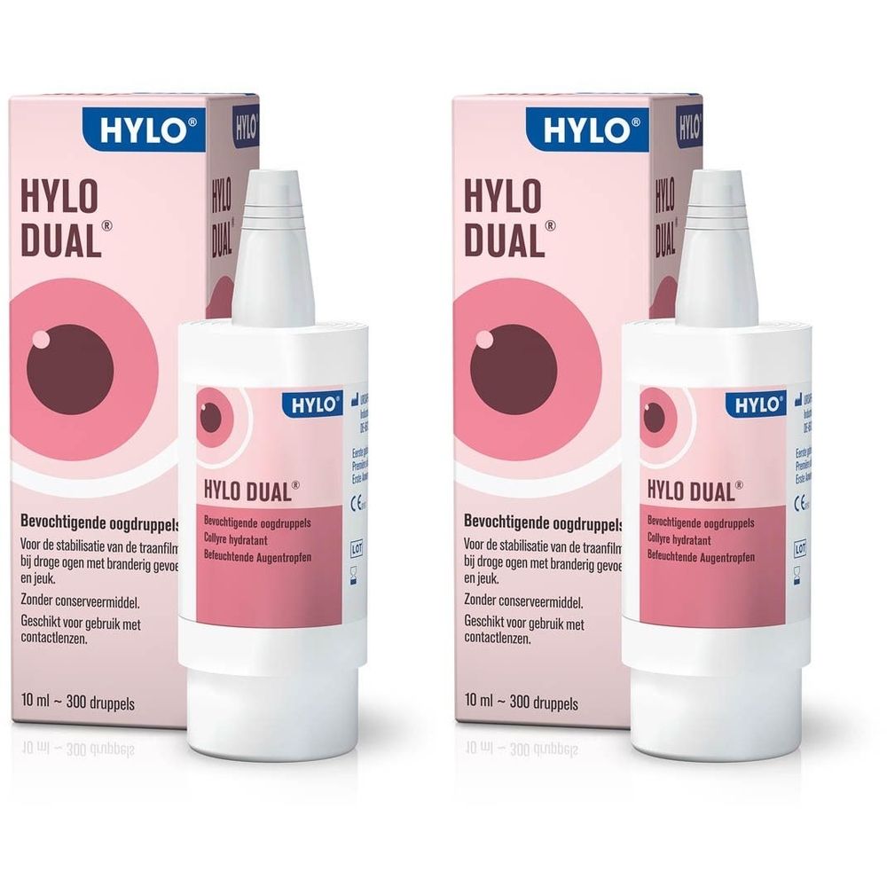 Twee flessen en verpakkingen van Hylo-Dual oogdruppels. Roze verpakking met oogafbeelding. Witte flessen met doseeropzet.