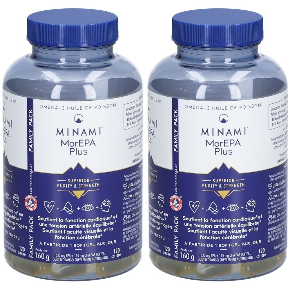 Twee flessen met blauwe doppen. Opschrift: MINAMI MorEPA Plus. Bevat 120 softgels. OMEGA-3 HUILE DE POISSON.