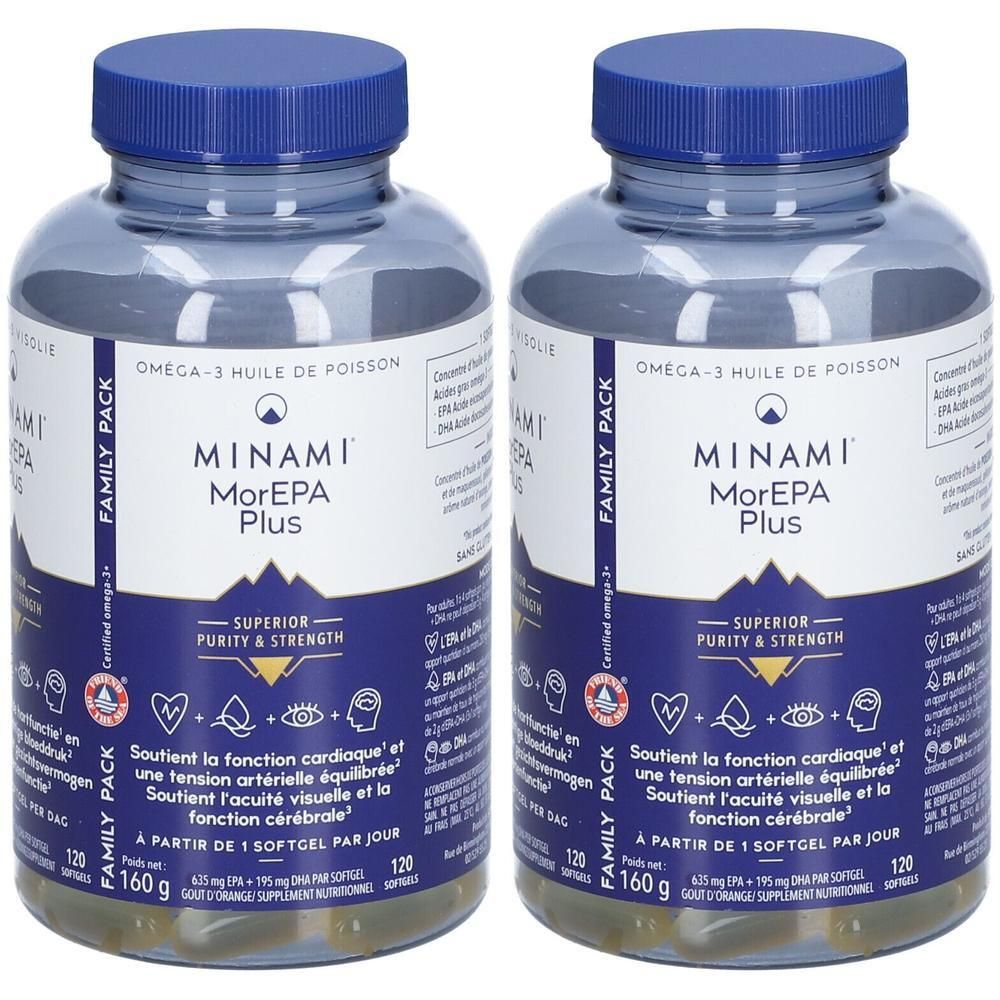 Twee flessen MINAMI® MorEPA Plus. Blauwe doppen, transparante containers met capsules. Etiket met productinfo.
