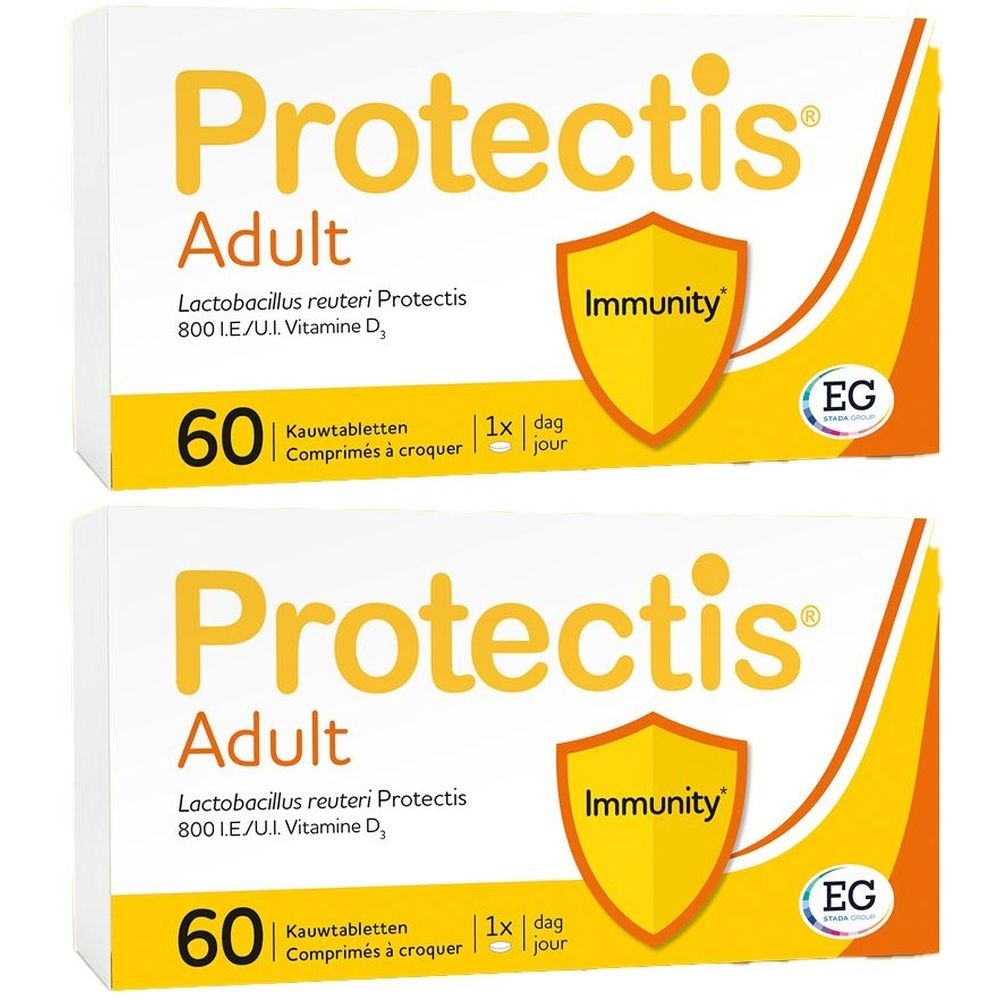 Twee verpakkingen Protectis Adult. Opschrift: Immunity, 60 kauwtabletten. Bevat Lactobacillus reuteri Protectis en vitamine D3.