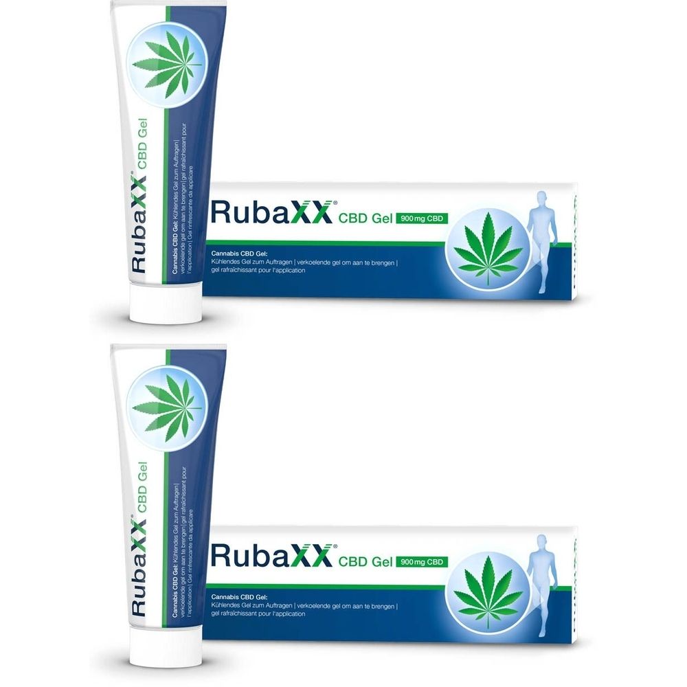 Twee tubes en een doosje RubaXX CBD Gel. Op de tubes en de doos staat een groen cannabisblad afgebeeld.