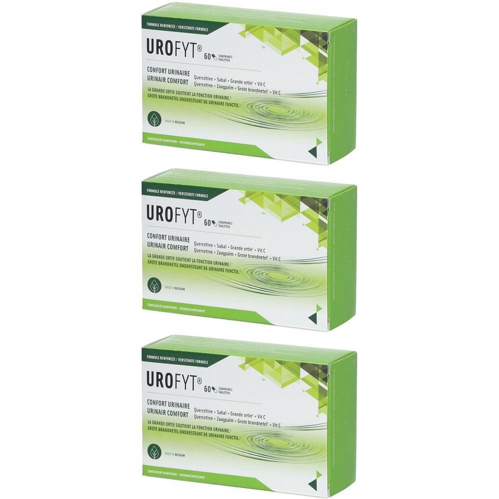 Drie groene dozen met witte tekst. Opschrift: UROFYT 60%, Confort Urinaire, en andere productinformatie.