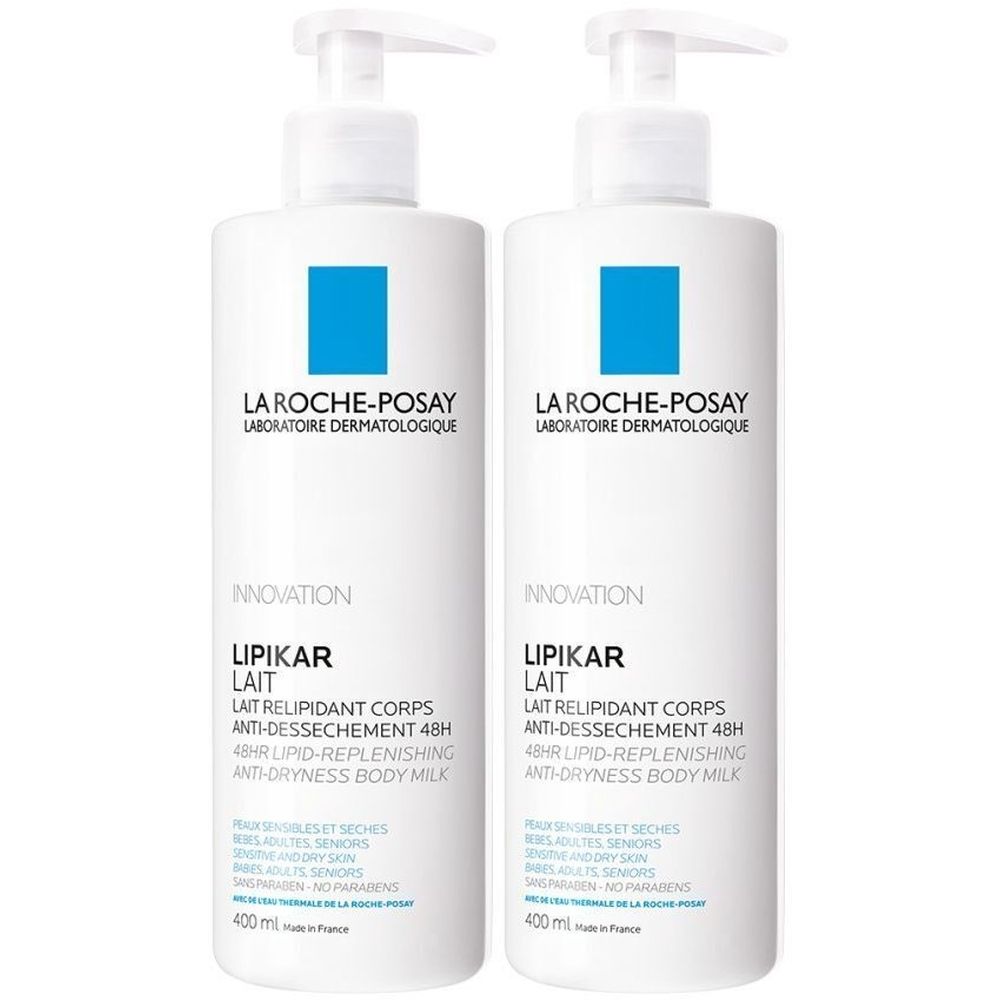 Twee witte flessen met pomp. Op elke fles staat "LA ROCHE-POSAY" en "LIPIKAR LAIT".