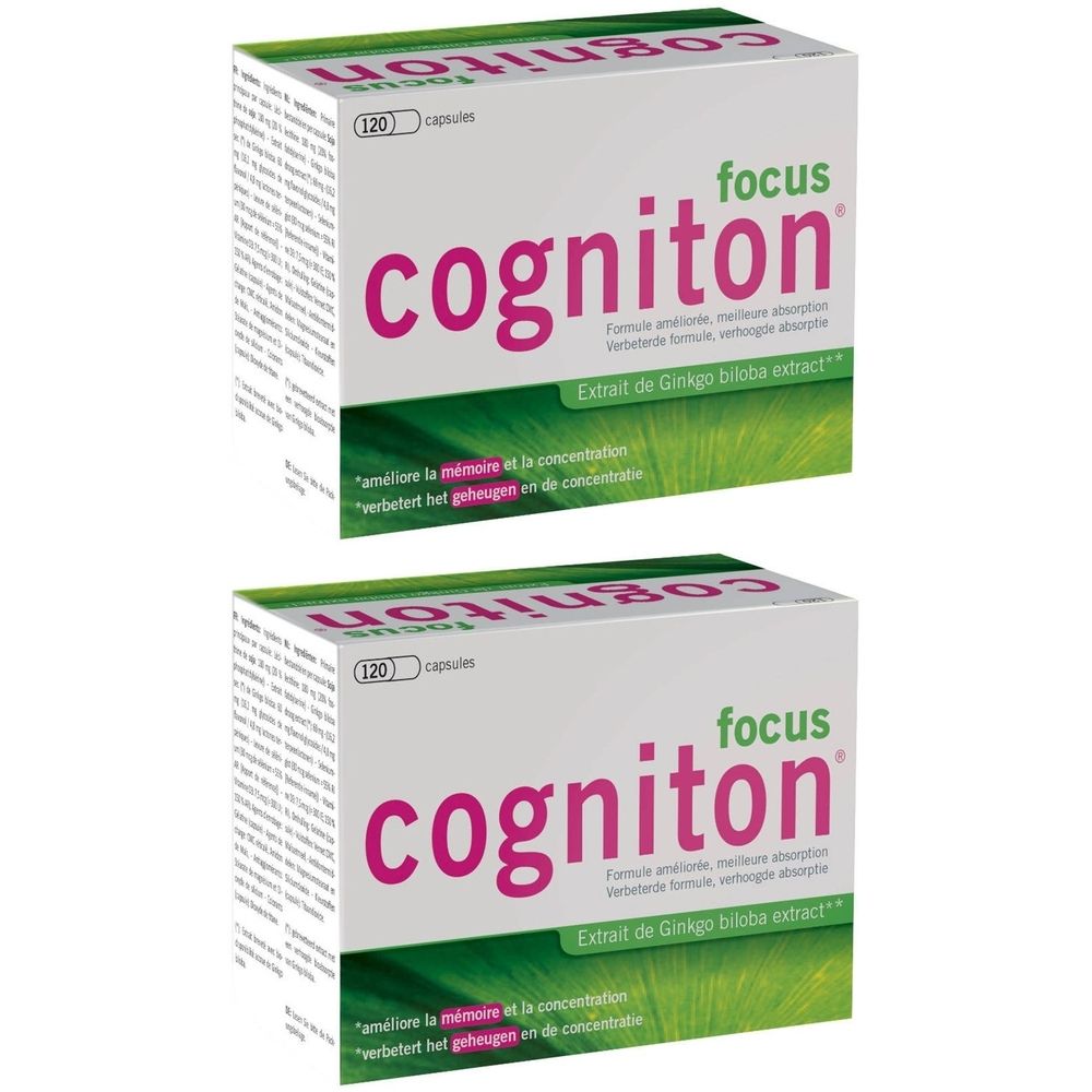 Twee dozen Cogniton Focus. Witte verpakking met roze tekst en groene accenten. Bevat 120 capsules.