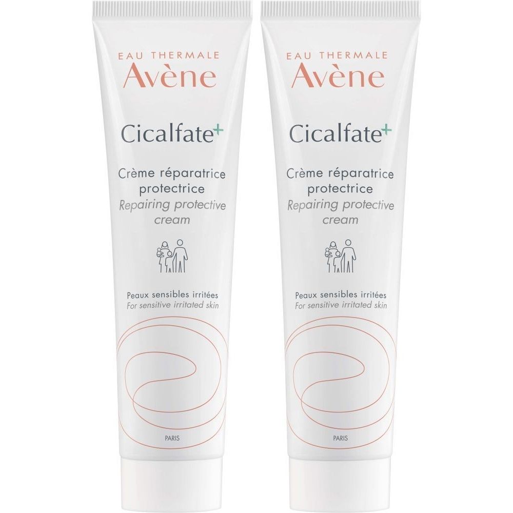 Twee tubes Avène Cicalfate+ crème. Witte tubes met tekst en illustraties. Productnaam en beschrijving.