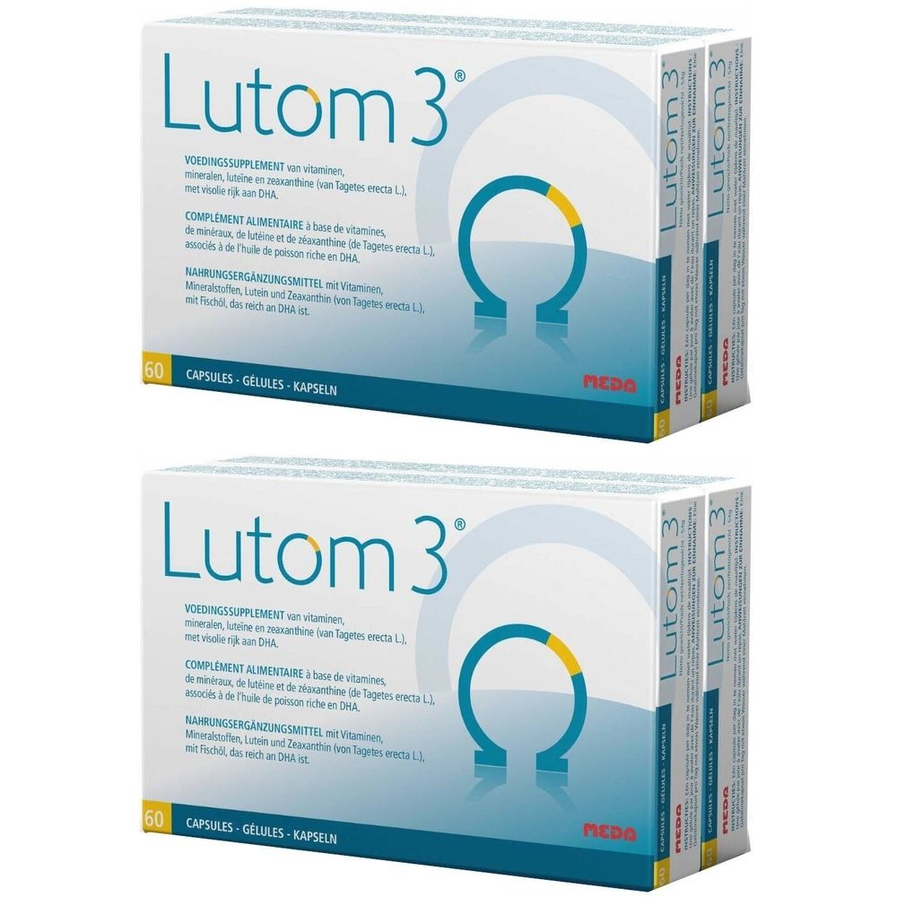 Twee dozen Lutom 3. Opschrift: Voedingssupplement. Blauw-witte verpakking met een geel halve cirkel symbool. 60 capsules.