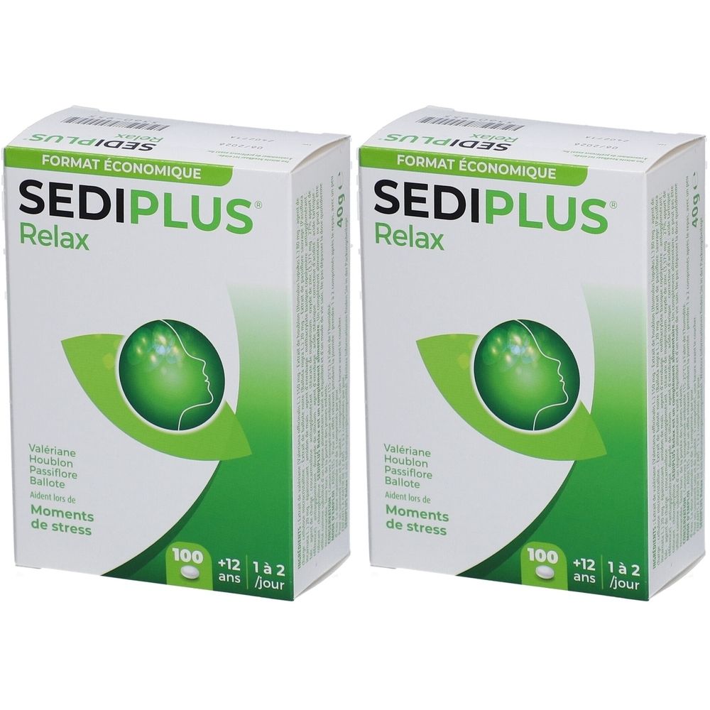 Twee witte dozen met Sediplus Relax. Elke doos heeft een groen logo en Franse tekst. Economisch formaat.