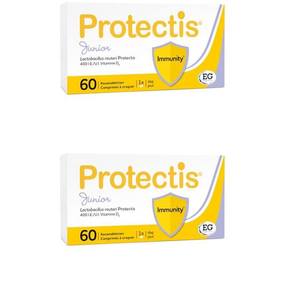 Witte doos met gele tekst "Protectis Junior". Bevat 60 tabletten. Opschrift "Immunity" en EG-logo.