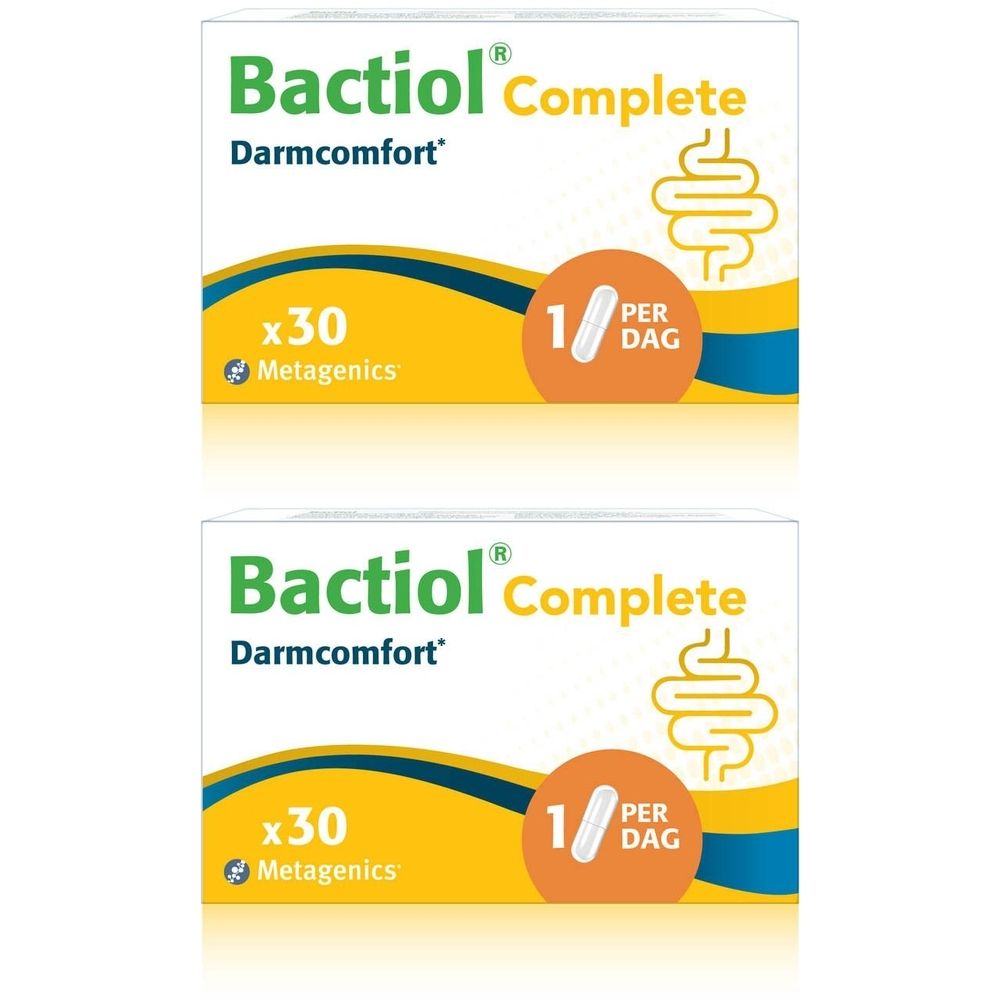 Twee dozen Bactiol Complete. Opschrift: Darmcomfort. Gele en blauwe accenten. 30 tabletten per doos.