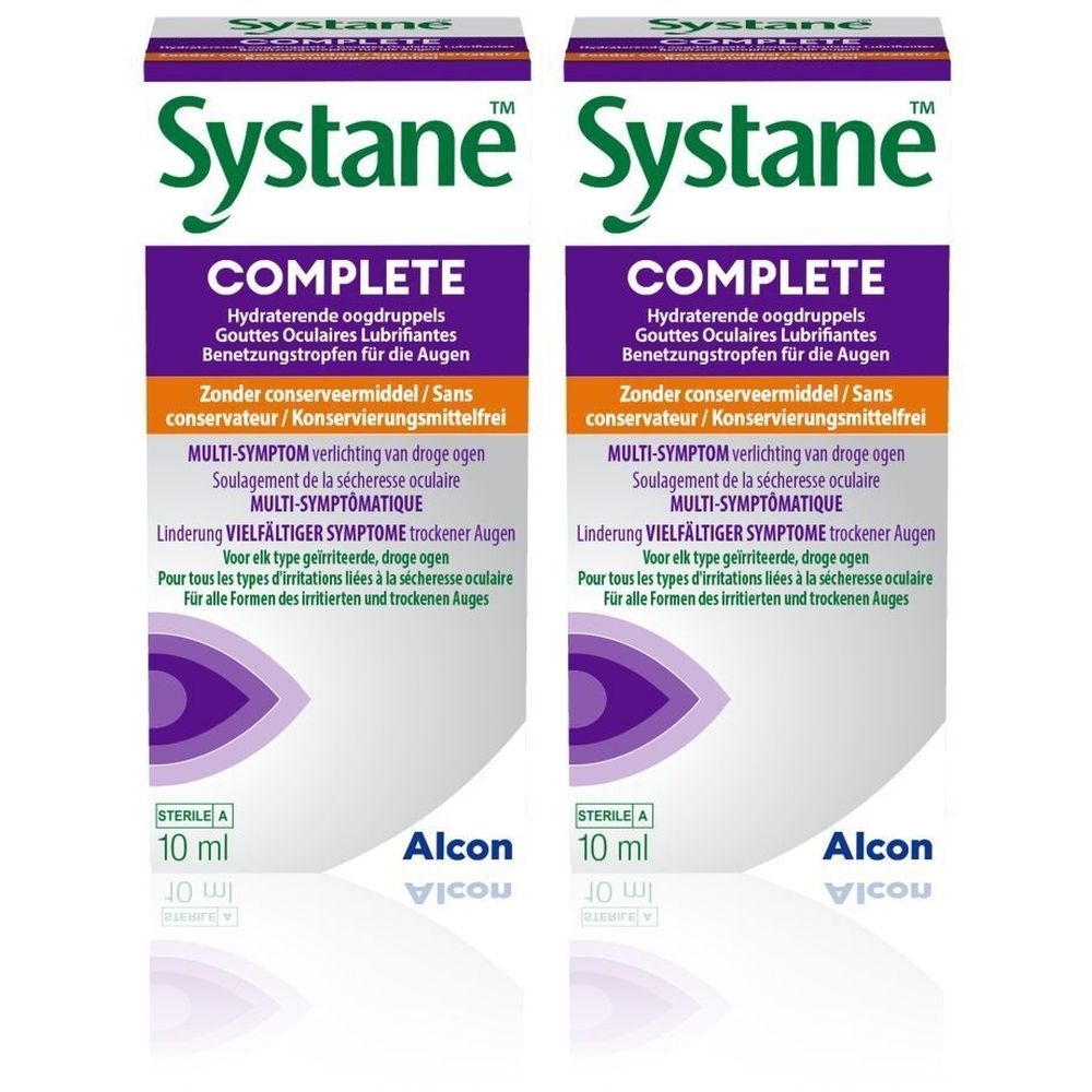 Twee verpakkingen Systane Complete oogdruppels. Opschrift: Multi-Symptoom, 10 ml, Alcon. Zonder conserveermiddel.