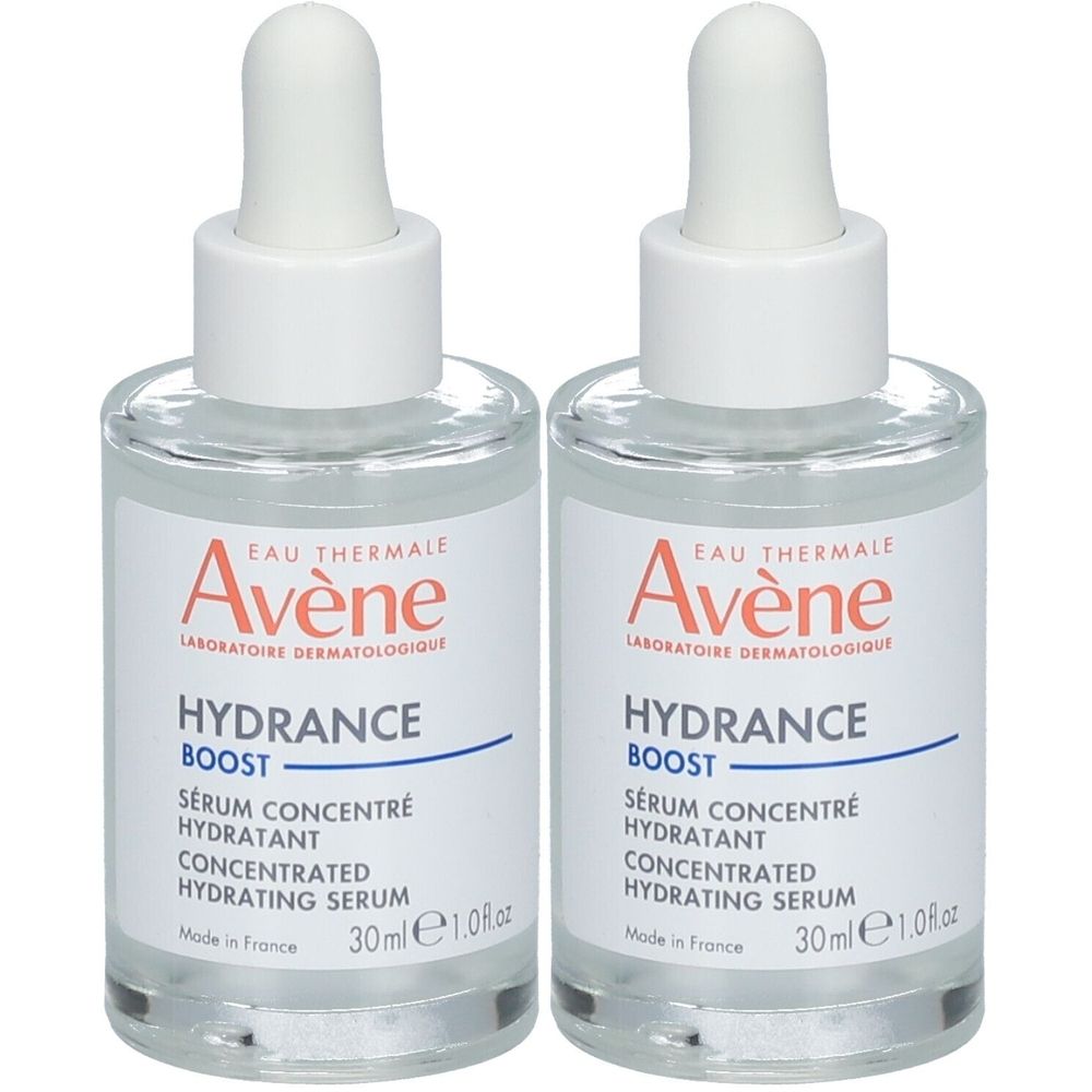 Deux flacons transparents avec bouchon blanc et pipette. Inscription : Avène Hydrance Boost, Sérum Concentré Hydratant.