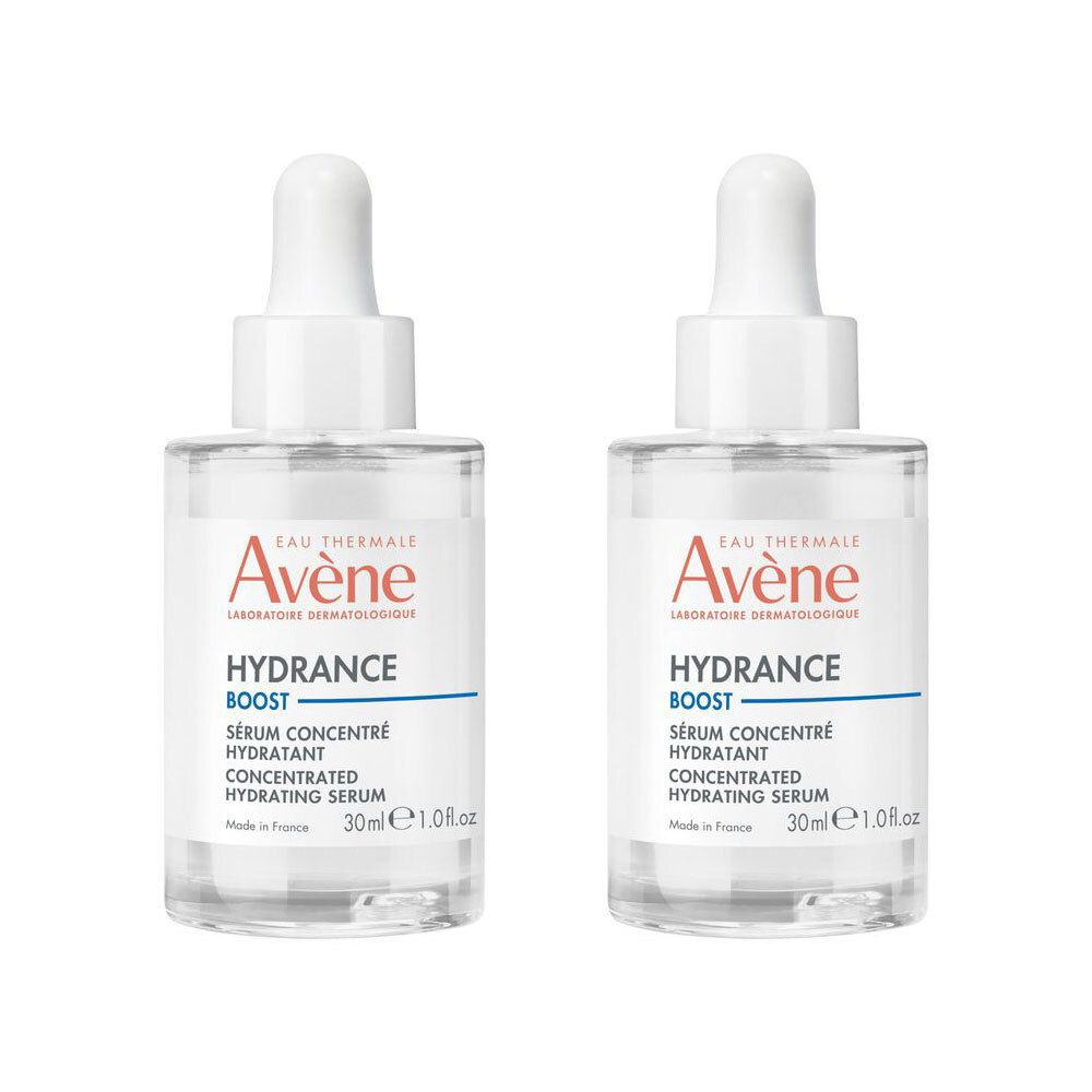 Twee serumflessen met witte dop en pipet. Opschrift: Avène Hydrance Boost, Sérum concentré hydratant, 30ml. Geel 1+1 symbool.