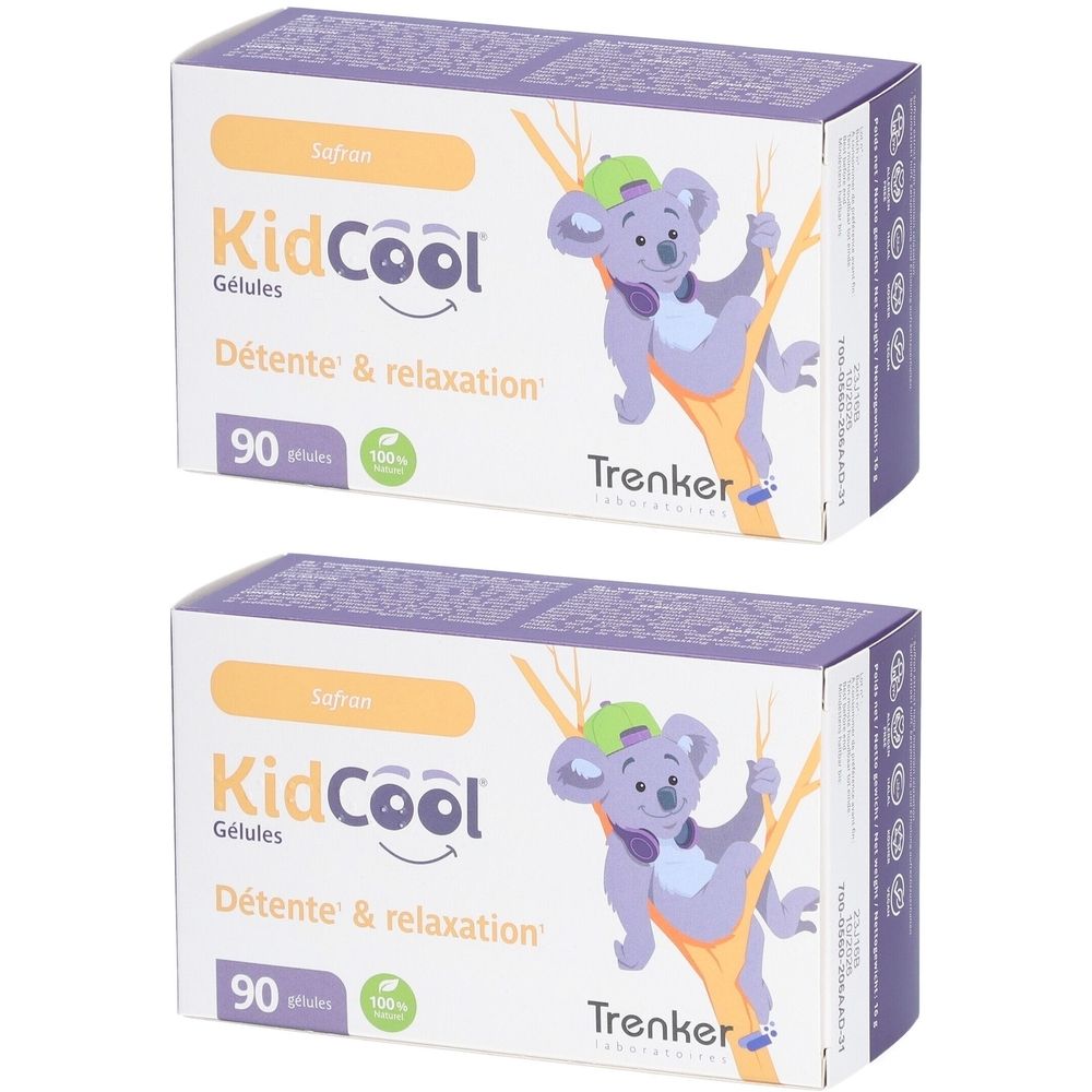 Twee dozen KidCool Gélules. Opschrift Détente & relaxation, 90 capsules. Illustratie van een koala.