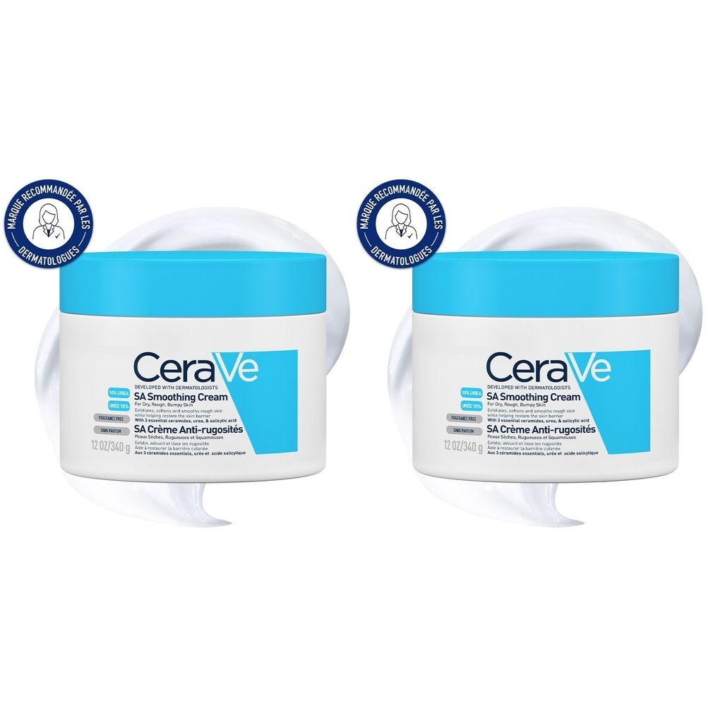 Deux pots de CeraVe SA Crème Anti-rugosités. Pot blanc avec couvercle et étiquette bleus. Texte : CeraVe, SA Smoothing Cream, SA Crème Anti-rugosités.