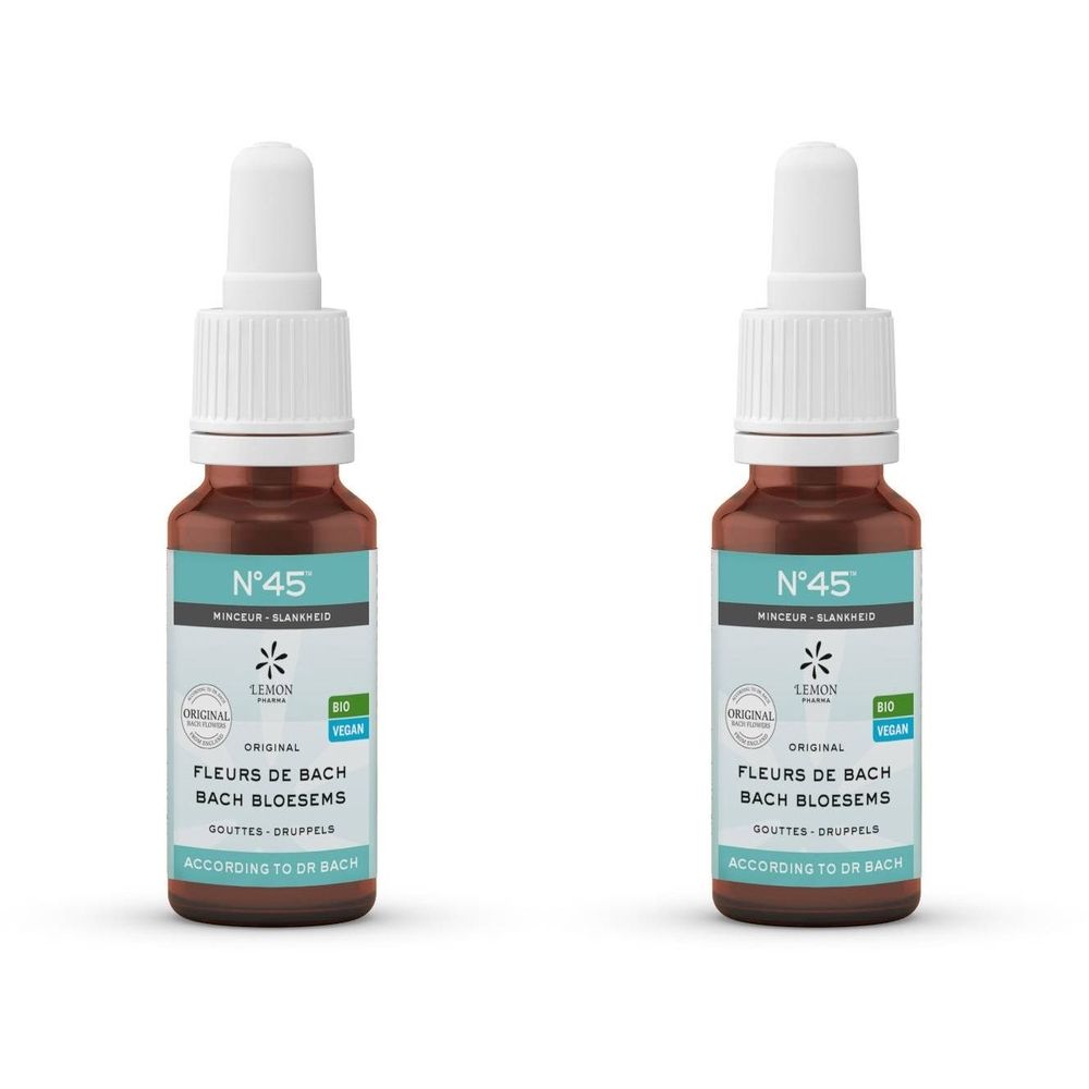 Twee bruine flesjes met witte dop. Opschrift: N°45, Fleurs de Bach, Bio, Vegan. Druppelflesjes.