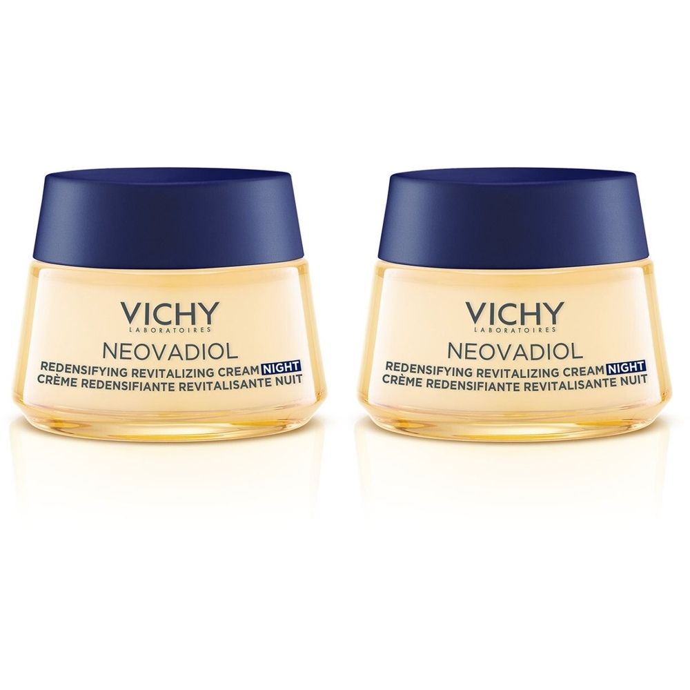 Deux pots de crème avec couvercles bleus. Inscription : VICHY NEOVADIOL, Crème revitalisante redensifiante nuit.
