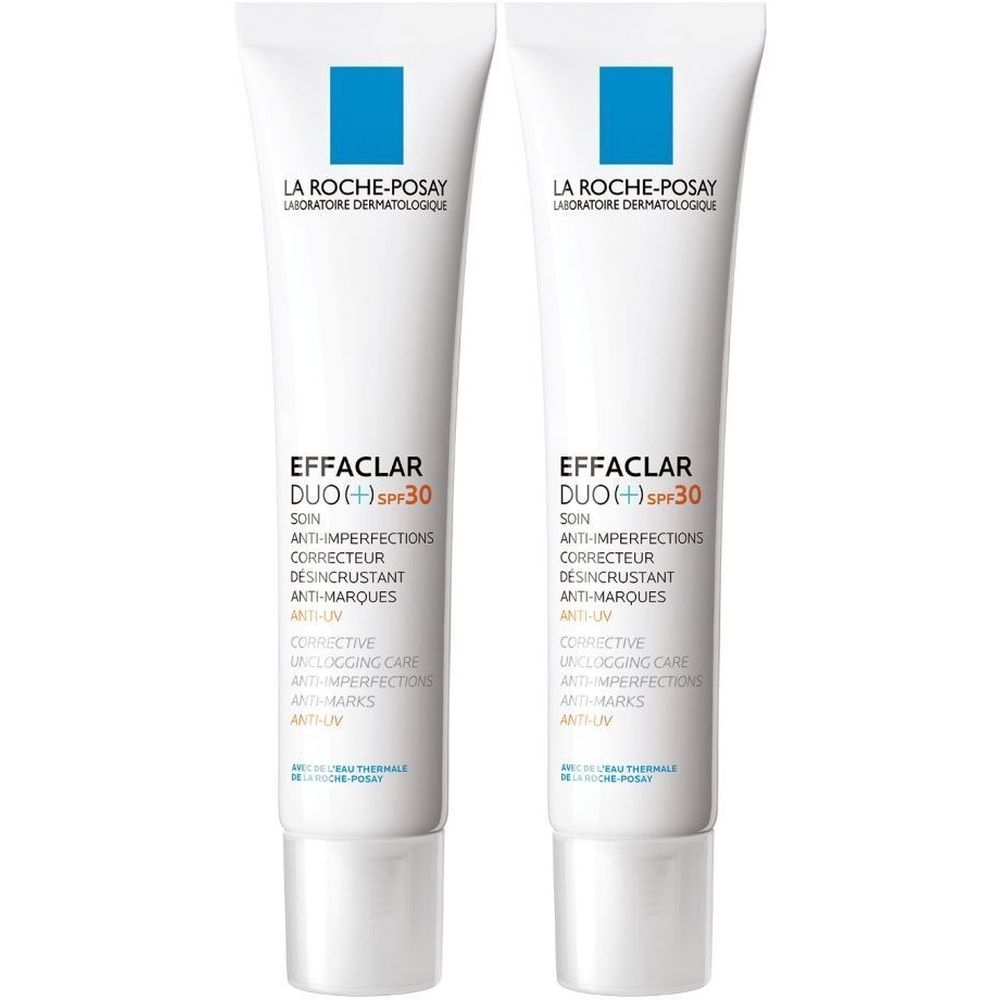 Twee tubes La Roche-Posay Effaclar Duo+ SPF30. Witte tubes met blauwe en oranje tekst. Productnaam en SPF30 zichtbaar.