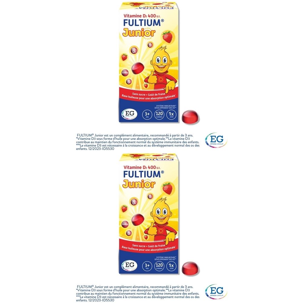 Deux boîtes de FULTIUM Junior, vitamine D 400, avec une gélule rouge. Emballage jaune avec personnage de dessin animé et informations.