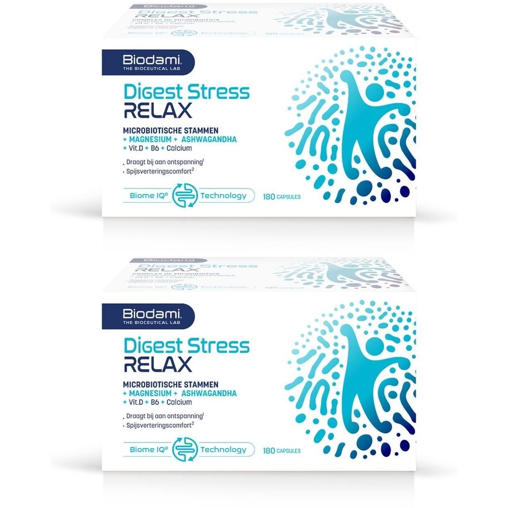 Twee dozen "Digest Stress Relax". Blauw-witte verpakking met logo en tekst. Bevat 180 capsules.