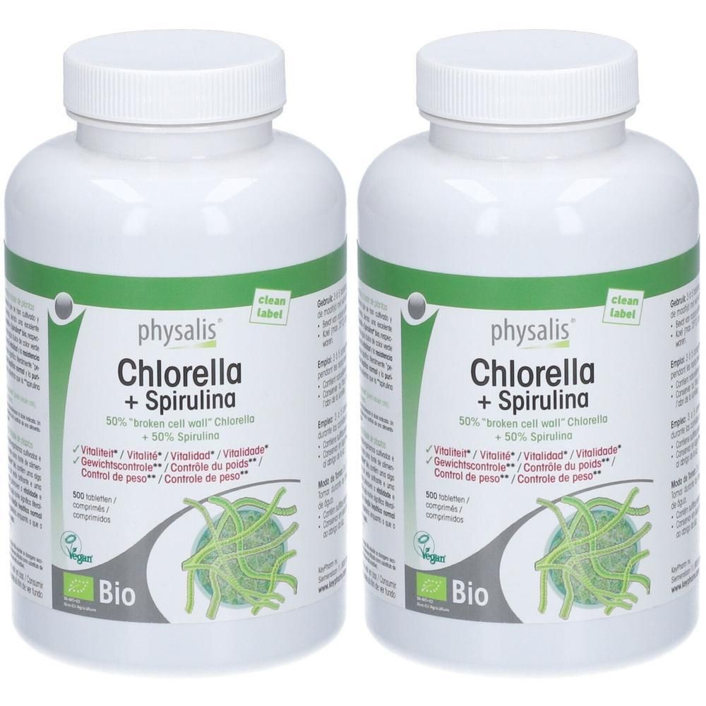 Twee potten PHYSALIS Chlorella + Spirulina Bio, 50% Chlorella, 50% Spirulina.