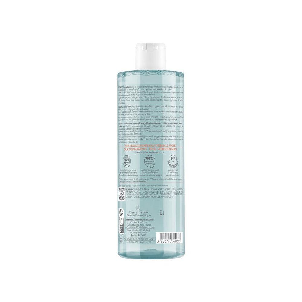 Arrière d'un flacon d'eau micellaire Avène Cleanance avec ingrédients et certifications.