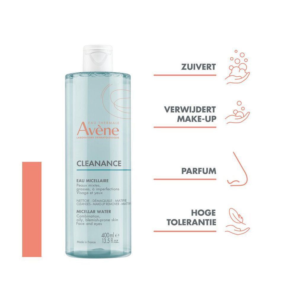 Avène Cleanance micellair water: zuivert, verwijdert make-up, parfumvrij, hoge tolerantie.