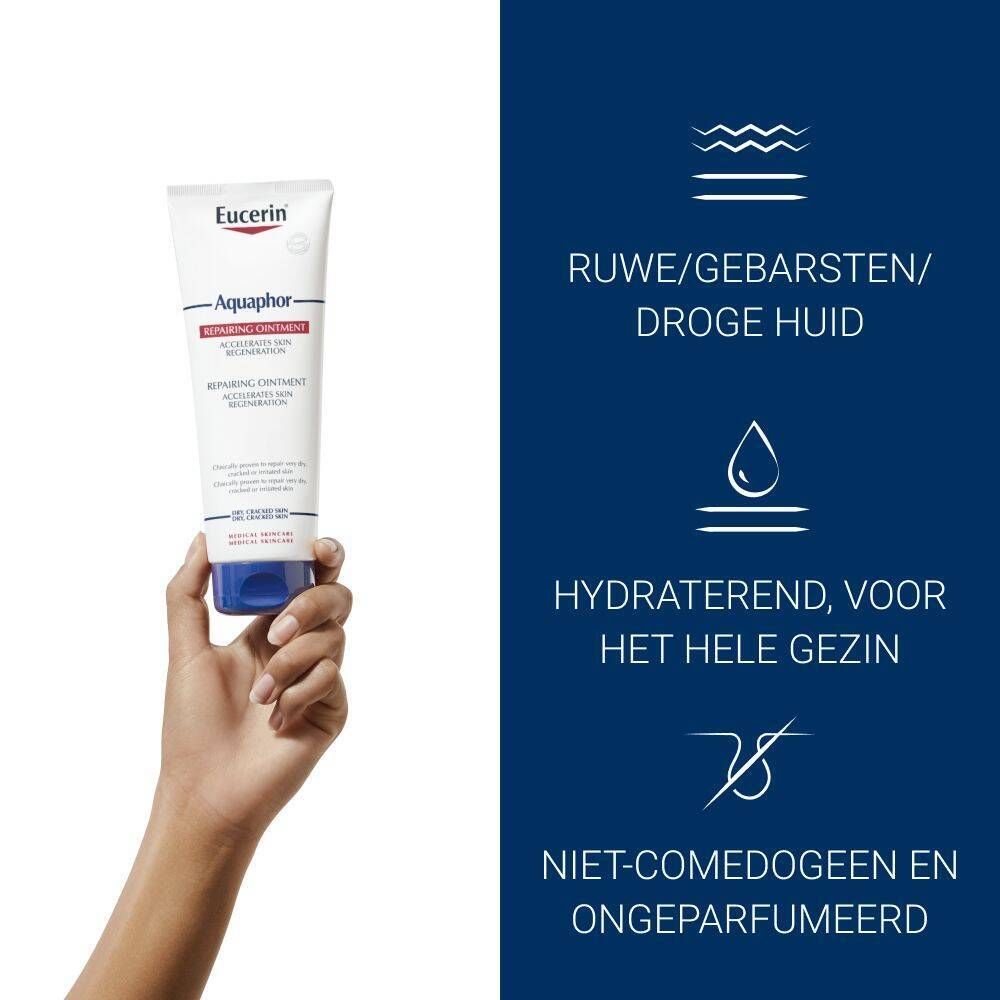 Hand die een tube Eucerin Aquaphor Herstellende Zalf vasthoudt. Iconen en tekst ernaast beschrijven huidconditie en eigenschappen.