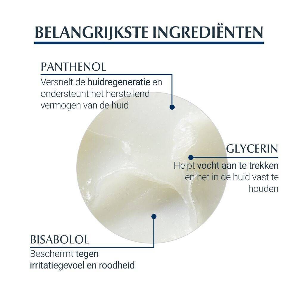 Close-up van de textuur van Eucerin Aquaphor Herstellende Zalf met uitleg over Panthenol, Glycerine en Bisabolol.