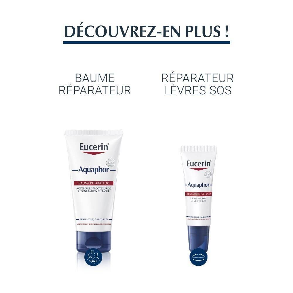 Deux produits Eucerin Aquaphor : Baume Réparateur et Baume à Lèvres SOS.
