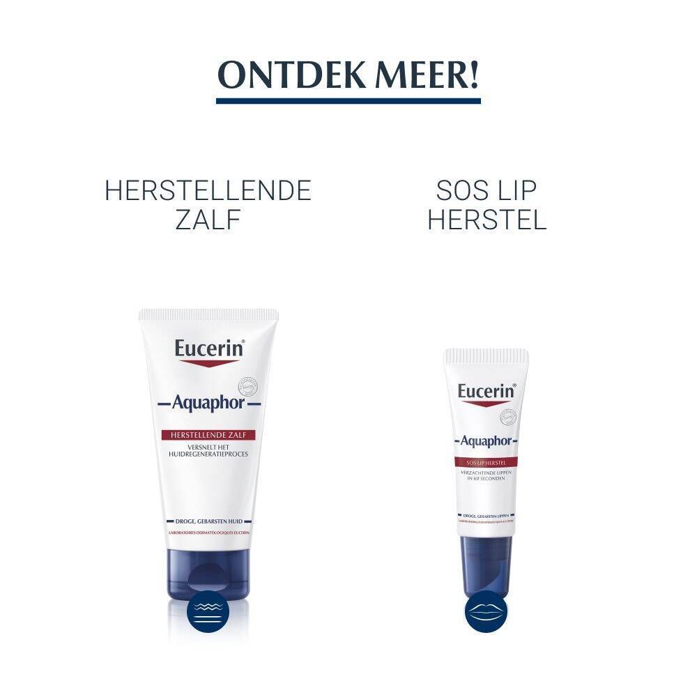 Twee Eucerin Aquaphor producten: Herstellende Zalf en SOS Lippenbalsem.