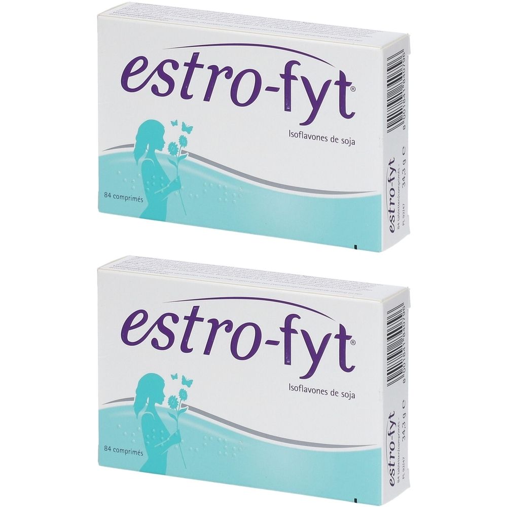 Deux boîtes de "estro-fyt". Inscription "Isoflavones de soja" et illustration d'une femme. 64 comprimés.