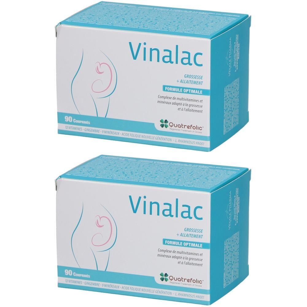 Twee dozen Vinalac. Witte dozen met blauwe deksel. Opschrift: Vinalac, Formule Optimale, 90 tabletten, Quatrefolic.