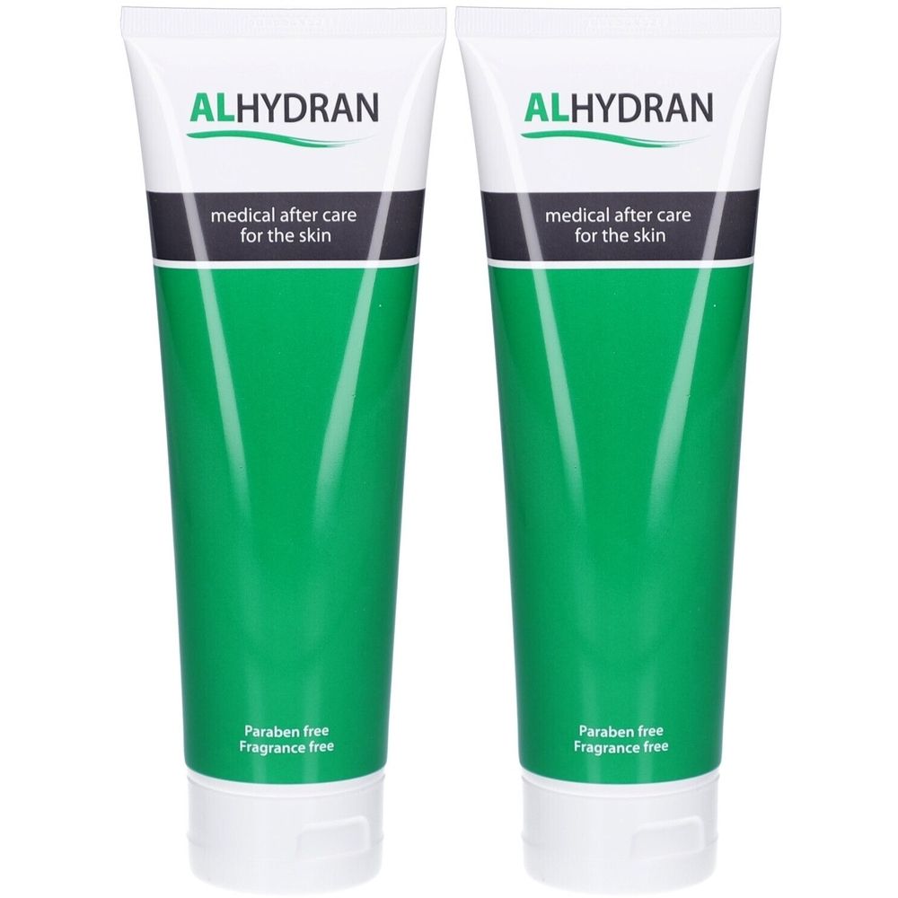 Twee tubes Alhydran gel. Witte dop, groene body, zwarte band met tekst. Opschrift: medical after care for the skin.