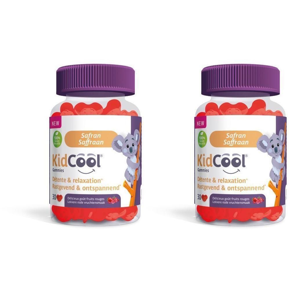 Deux flacons de KidCool Gummies avec couvercles violets. Inscription : Safran, 30 gummies. Illustration d'un koala.