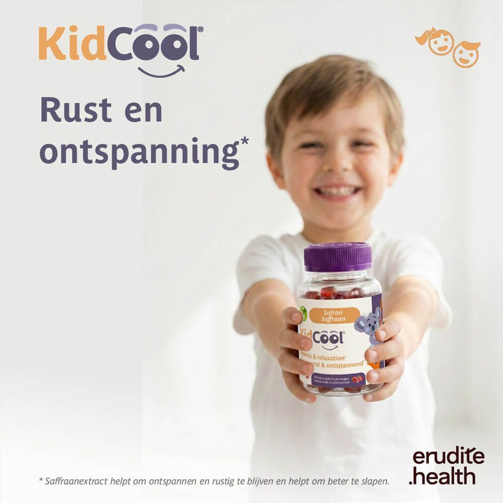 Afbeelding met informatie over KidCool® gummies: "Cool Kids. Cool Parents!" en een lachend meisje.