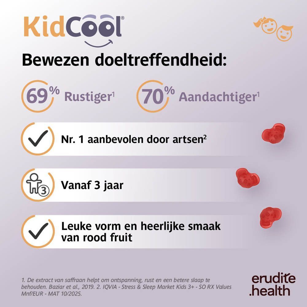 Afbeelding met voordelen van KidCool® gummies: "Voor verstrooide of drukke kinderen" en "Voor een betere nachtrust".