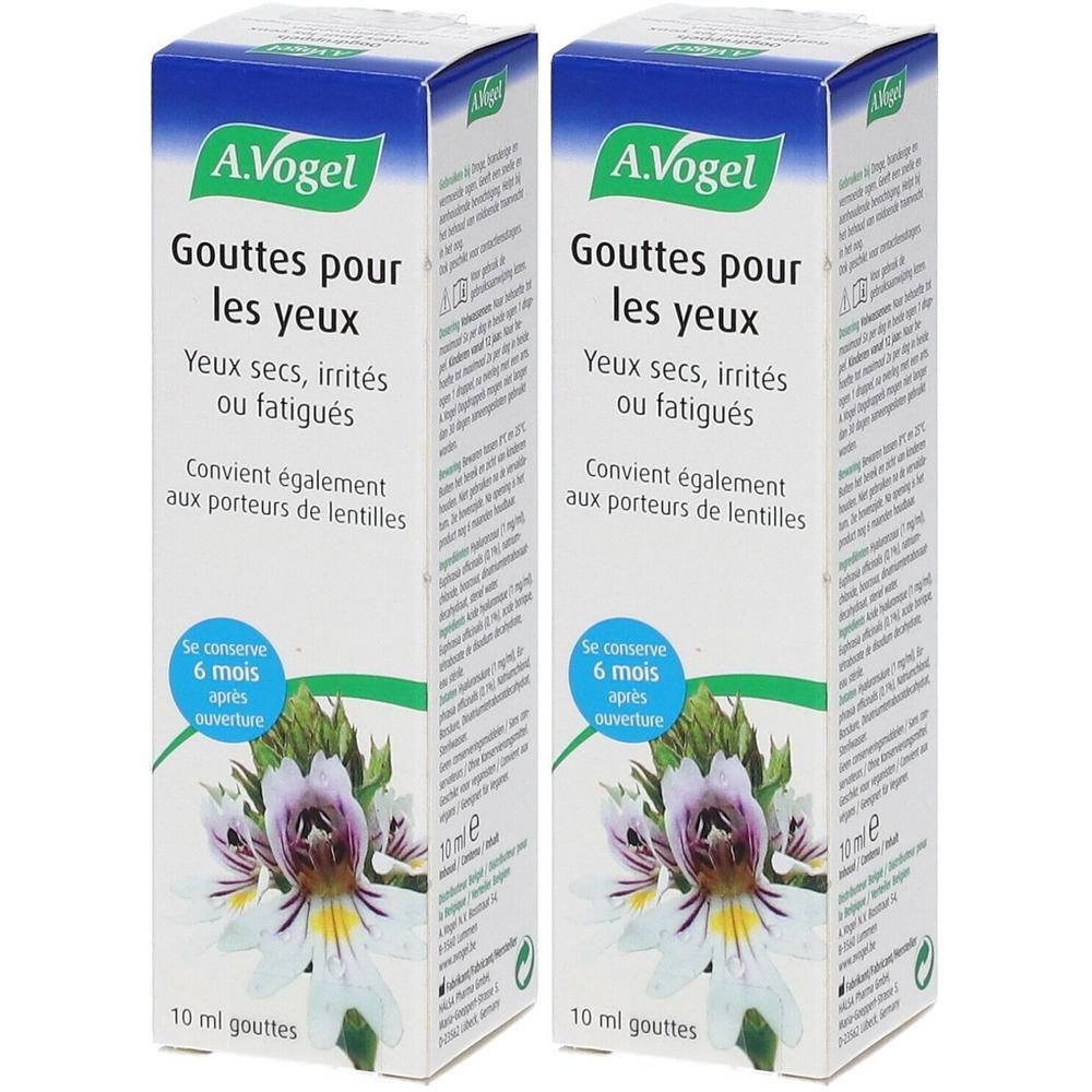 Twee dozen A. Vogel oogdruppels. Opschrift: Gouttes pour les yeux. Voor droge, geïrriteerde of vermoeide ogen. 10 ml.