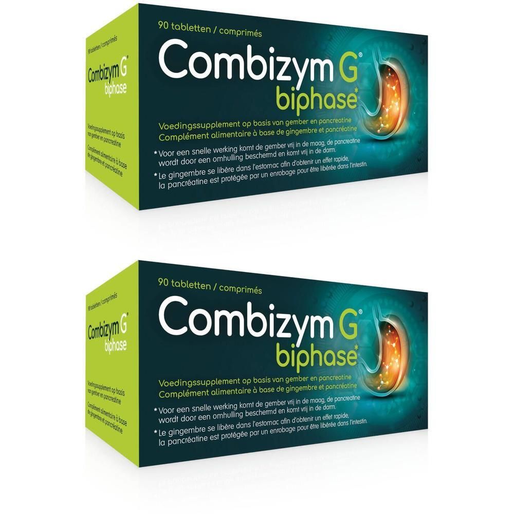Twee dozen Combizym G biphase. Opschrift: 90 tabletten. Groen-witte verpakking met productnaam en logo.